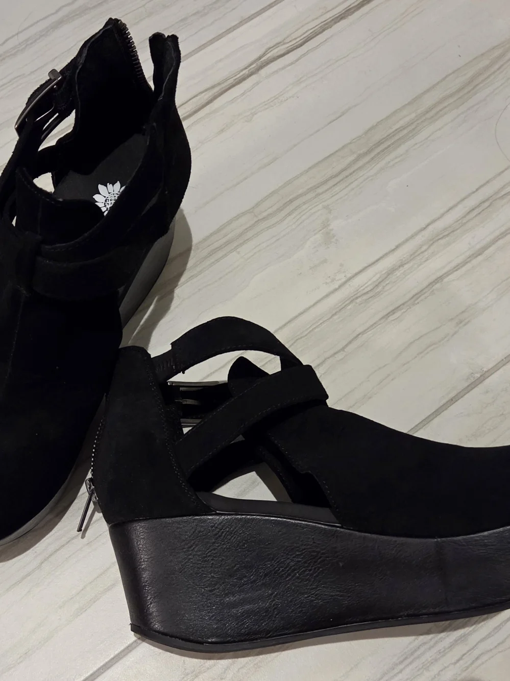 Yellow Box Black Wedge Ankle Booties with Strappy Cutouts